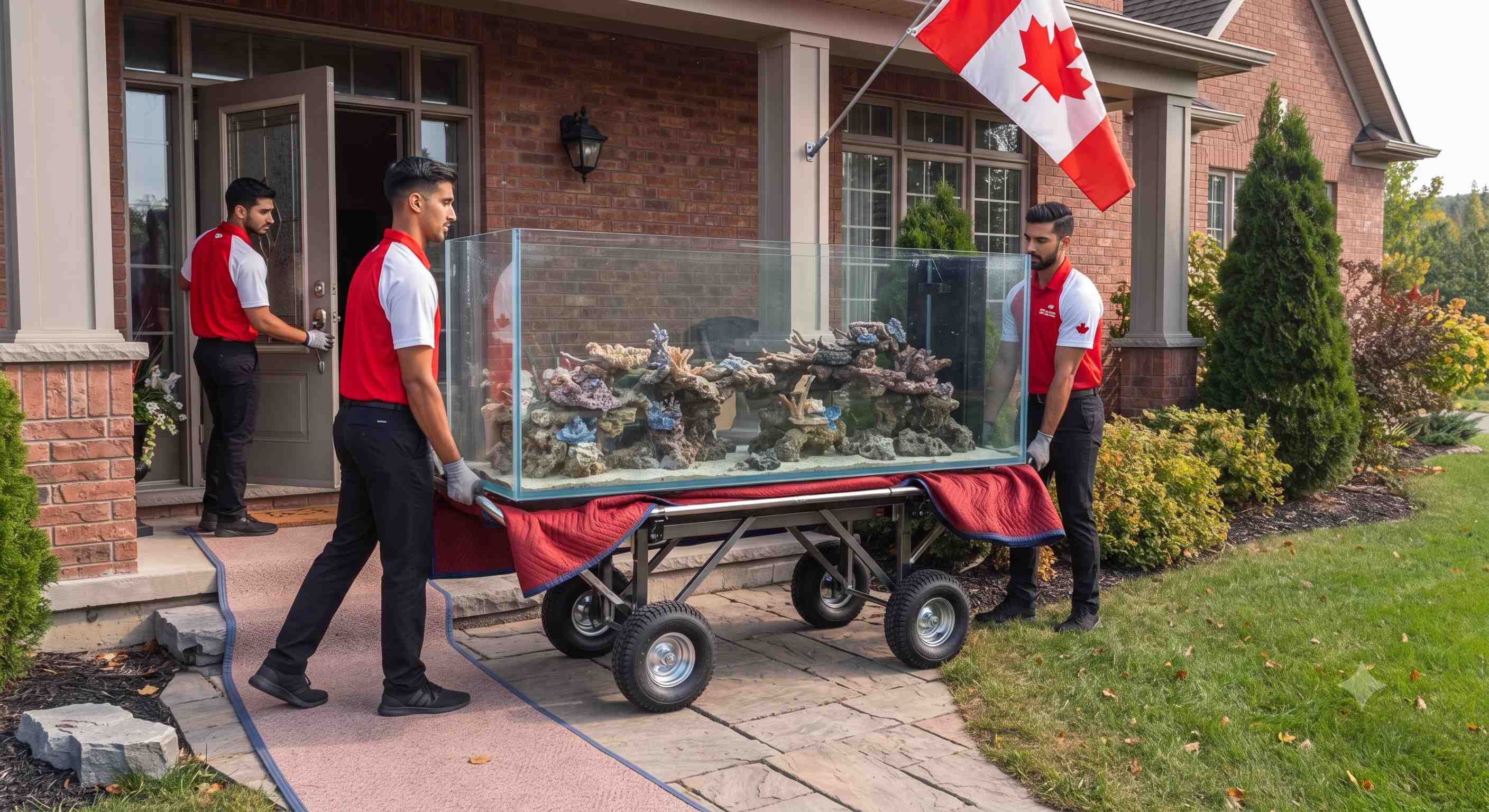 Canada Movers team transporting a large glass aquarium with live coral on a heavy-duty cart