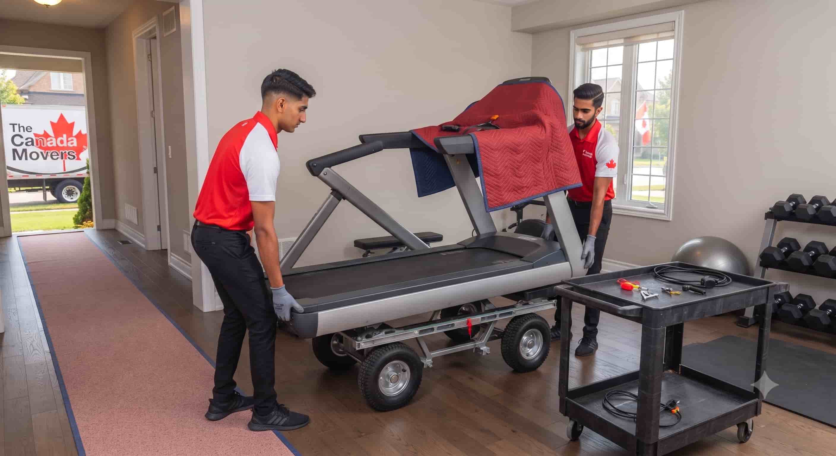 Two Canada Movers specialists relocating a commercial treadmill in a home gym