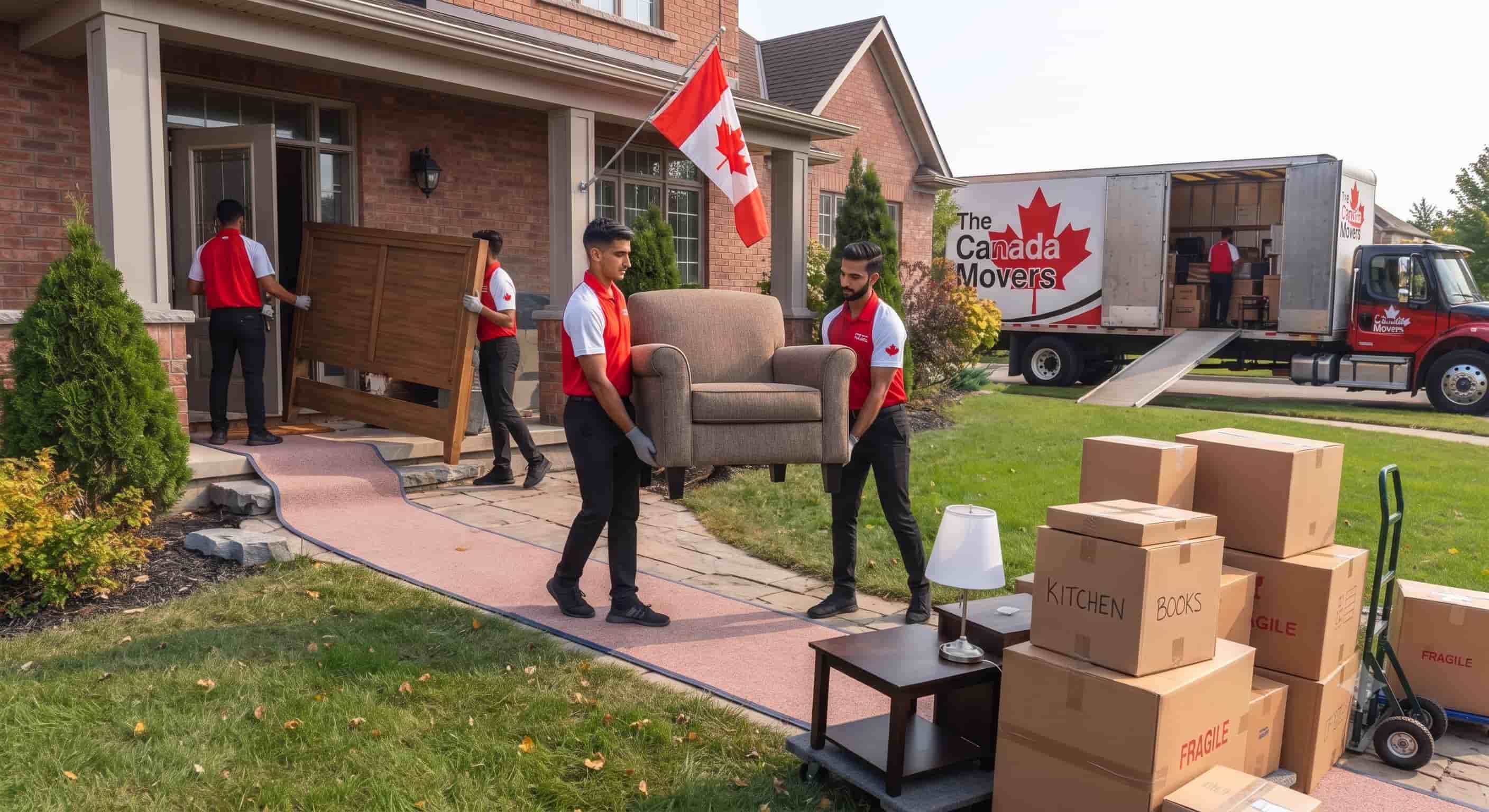 Canada Movers crew carrying furniture and boxes from a house to their branded moving truck
