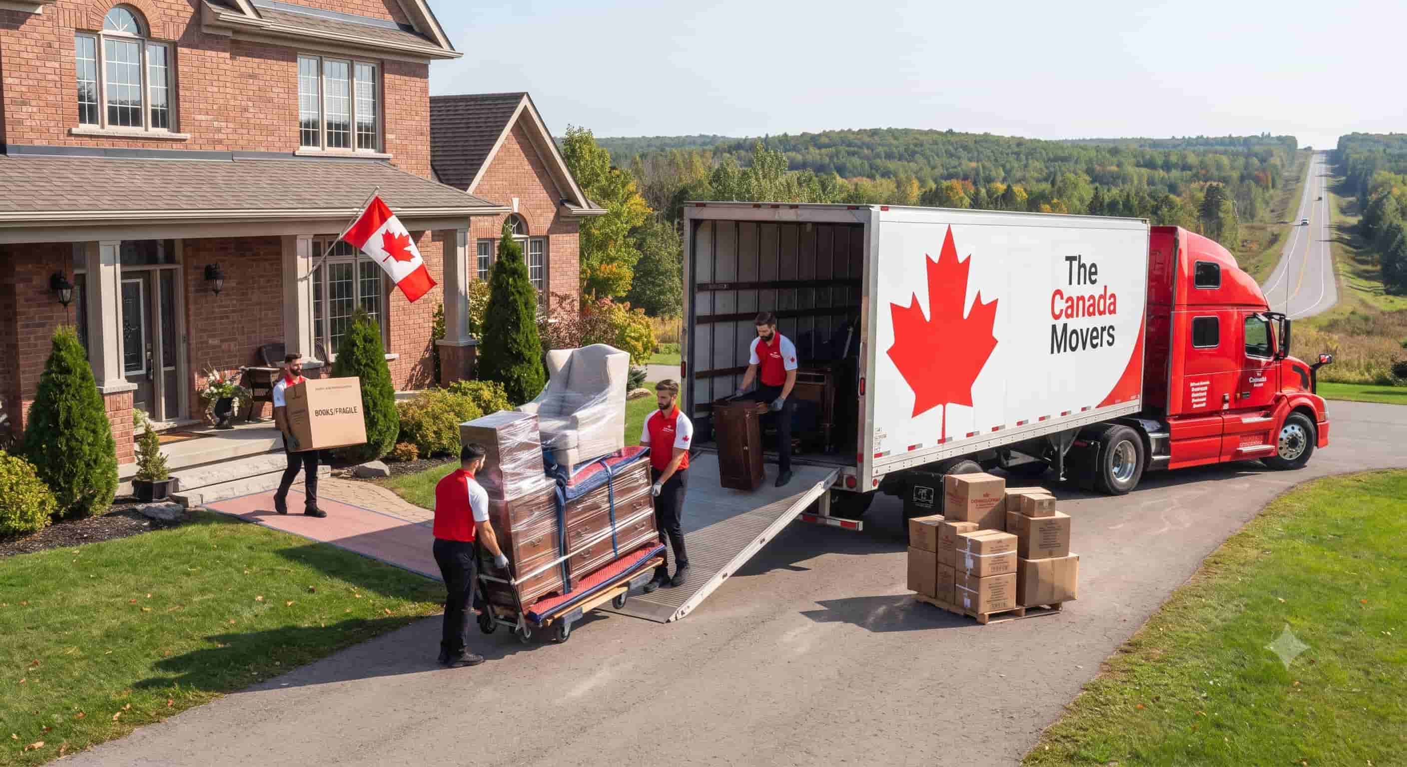 Branded The Canada Movers red semi-truck being loaded by a team outside a suburban home