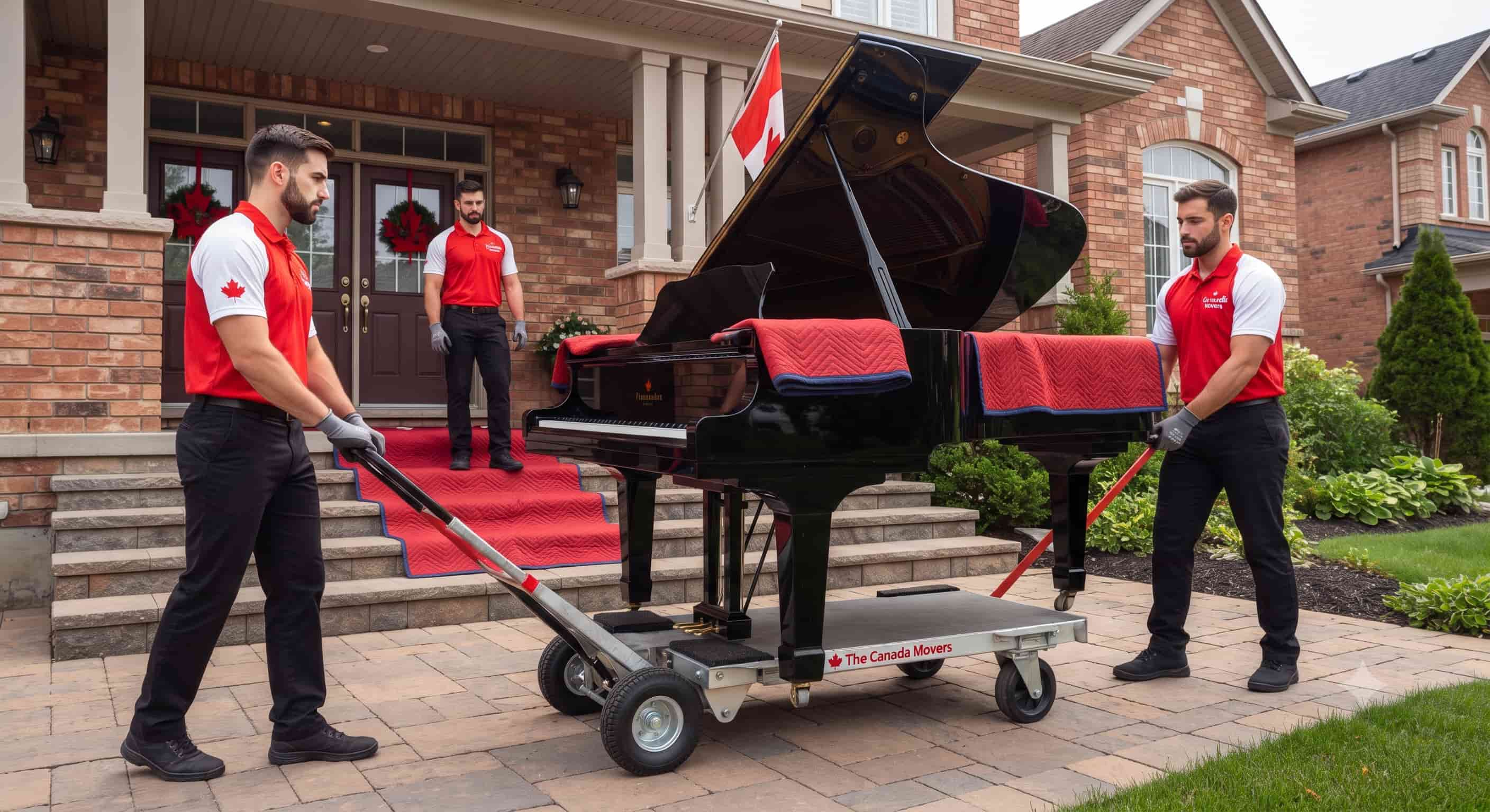 Three Canada Movers specialists transporting a black grand piano on a professional dolly outside a Toronto brick home