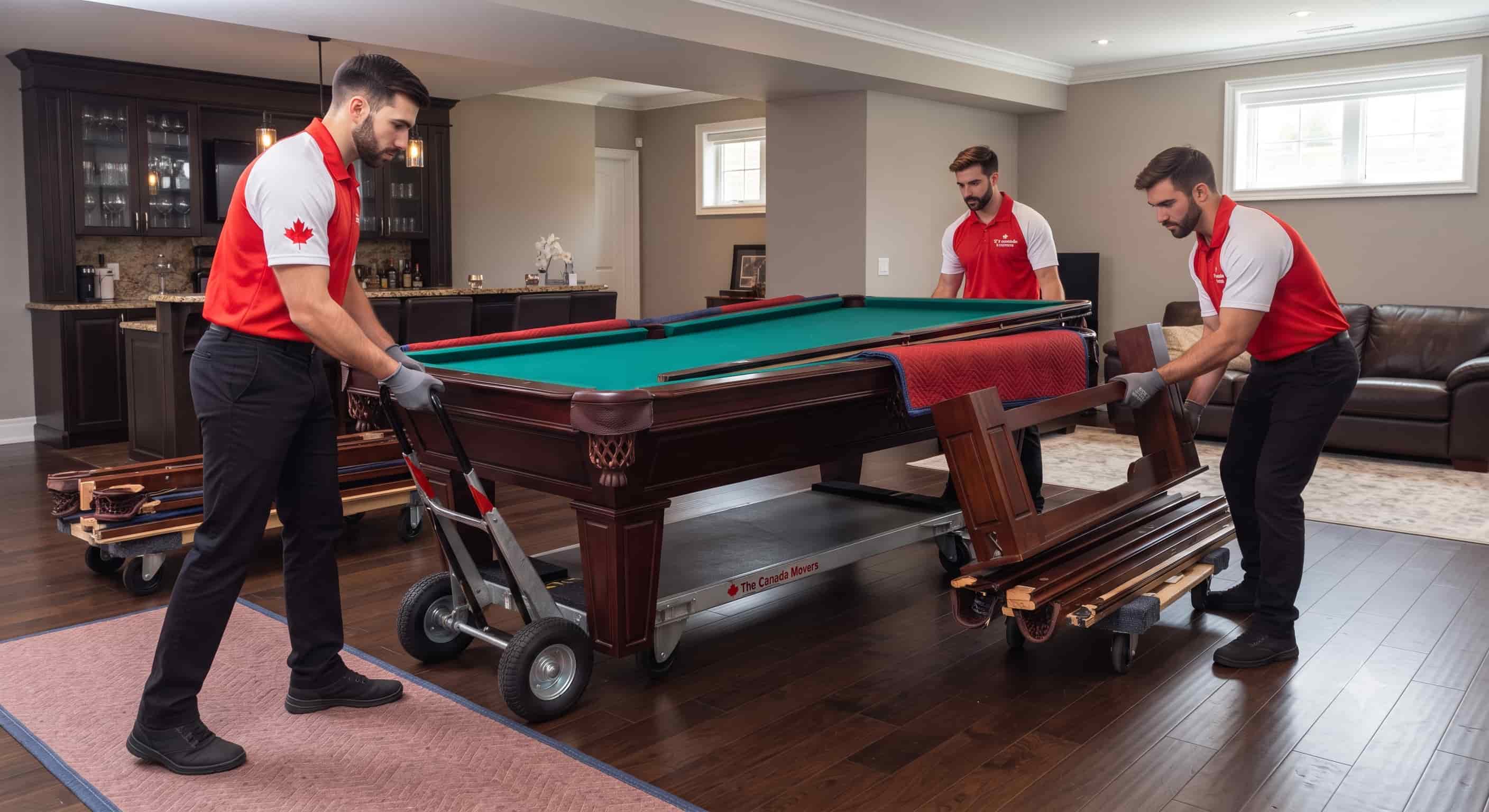 Canada Movers team carefully moving a full-size pool table in a residential basement