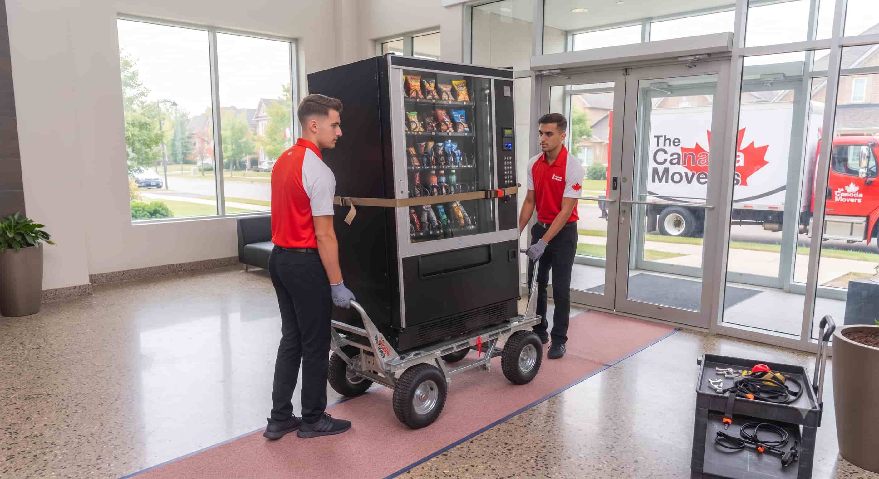 Two Canada Movers specialists relocating a full commercial vending machine in a building lobby
